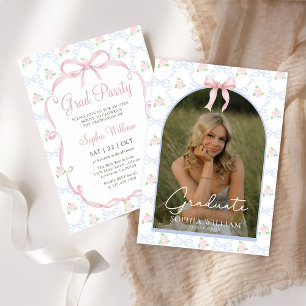 Pink Bow Floral Graduation Party Invitation