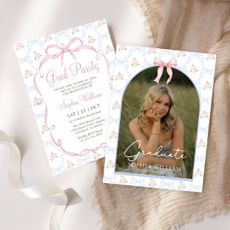 Pink Bow Floral Graduation Party Invitation