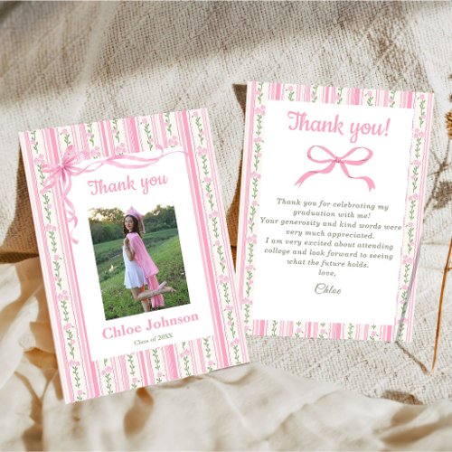 Pink Bow Floral Graduation Thank You Card