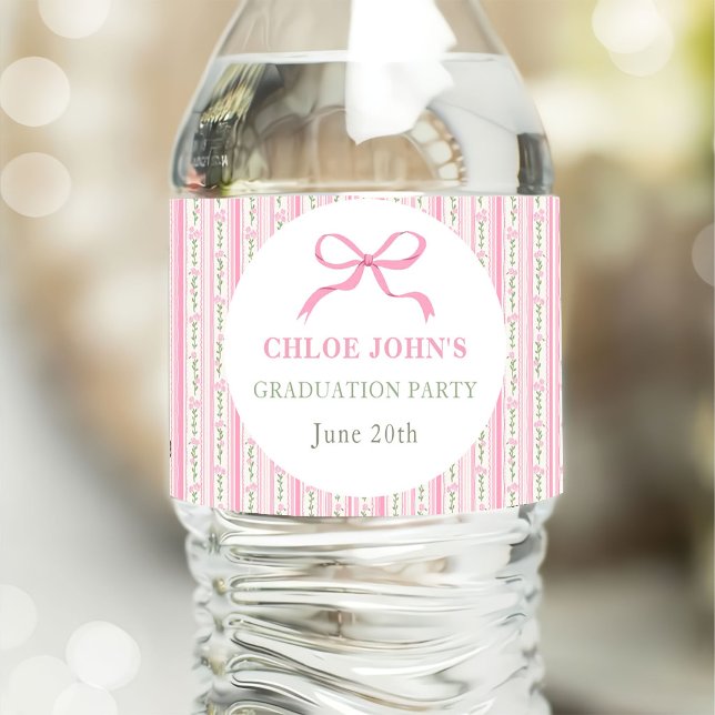 Pink Bow Floral Graduation Water Bottle Label (Creator Uploaded)