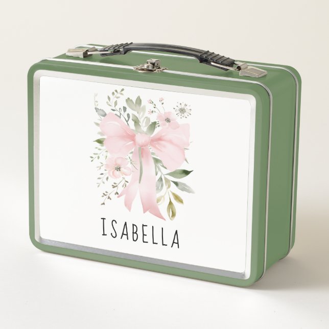 Pink Bow Floral Greenery Coquette Personalized Metal Lunch Box (Front)