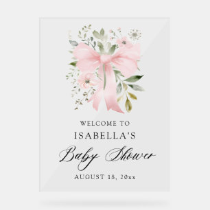 Pink Bow Floral Greenery Girl Baby Shower Welcome Acrylic Sign