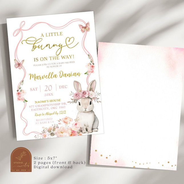 Pink Bow Floral Little Bunny Baby Shower Invitation