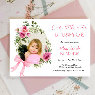 Pink Bow Floral Little Cutie Photo Birthday Invitation
