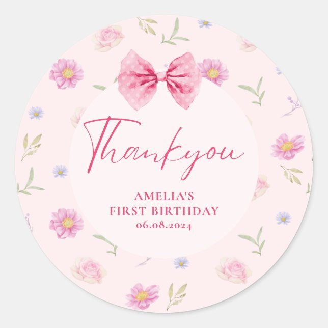 Pink Bow floral little miss Onederful 1st birthday Classic Round Sticker (Front)
