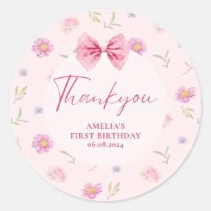 Pink Bow floral little miss Onederful 1st birthday Classic Round Sticker
