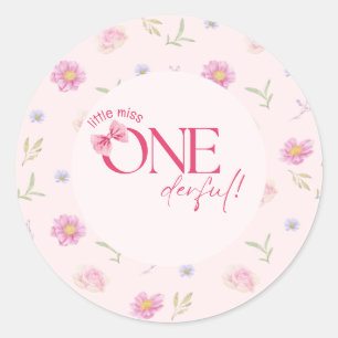 Pink Bow floral little miss Onederful 1st birthday Classic Round Sticker