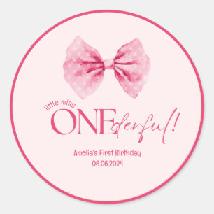 Pink Bow floral little miss Onederful 1st birthday Classic Round Sticker