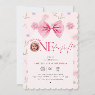 Pink Bow floral little miss Onederful 1st birthday Invitation