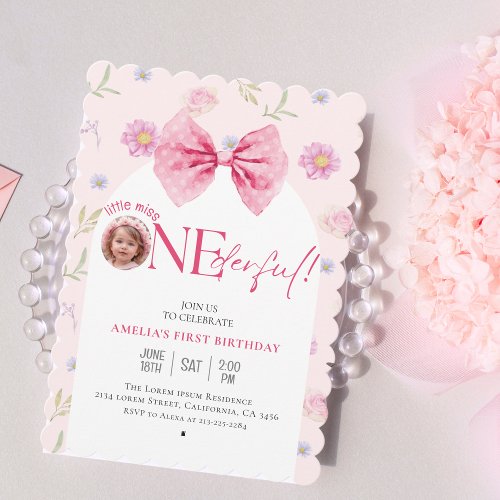 Pink Bow floral little miss Onederful 1st birthday Invitation