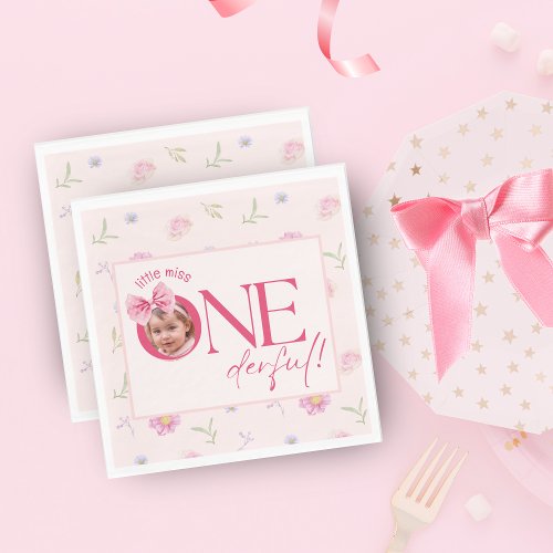 Pink Bow floral little miss Onederful birthday  Napkins