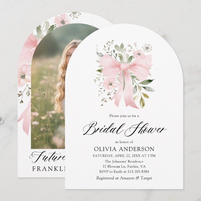 Pink Bow Floral Love in Bloom Arch Bridal Shower Invitation (Front/Back)