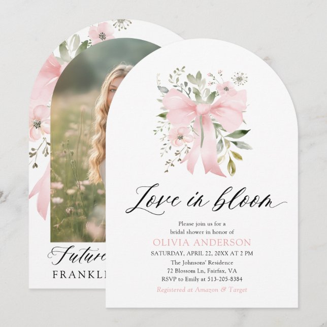 Pink Bow Floral Love in Bloom Arch Bridal Shower Invitation (Front/Back)