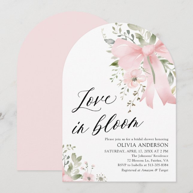 Pink Bow Floral Love in Bloom Arch Bridal Shower Invitation (Front/Back)