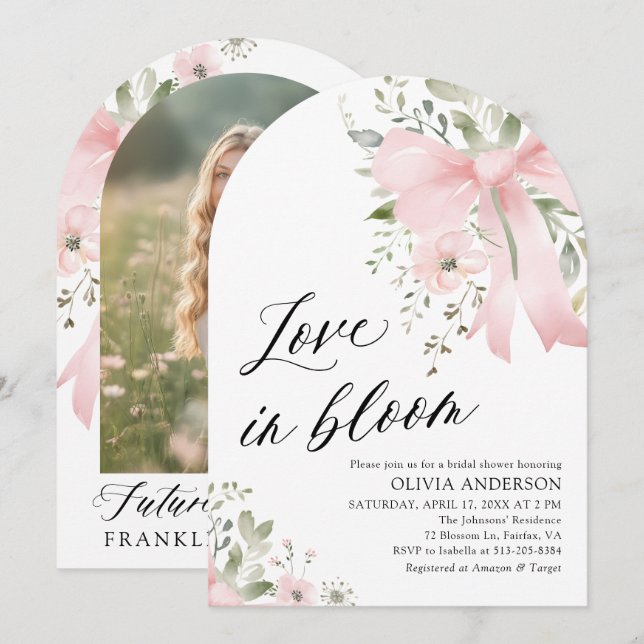 Pink Bow Floral Love in Bloom Arch Bridal Shower Invitation (Front/Back)