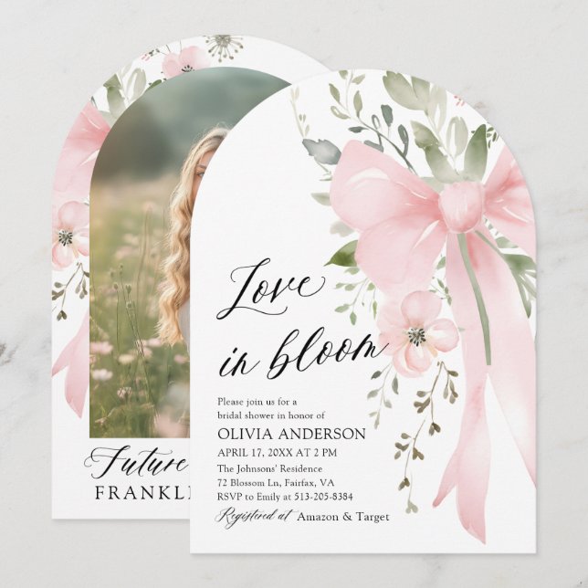 Pink Bow Floral Love in Bloom Arch Bridal Shower Invitation (Front/Back)