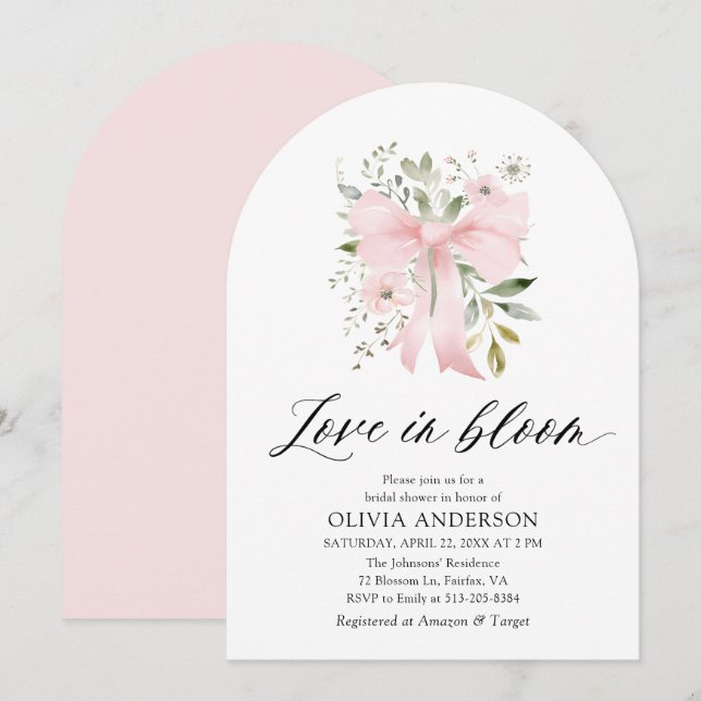 Pink Bow Floral Love in Bloom Arch Bridal Shower Invitation (Front/Back)