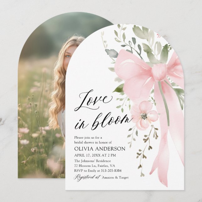Pink Bow Floral Love in Bloom Arch Bridal Shower Invitation (Front/Back)