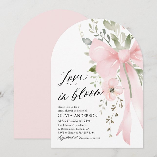 Pink Bow Floral Love in Bloom Arch Bridal Shower Invitation (Front/Back)