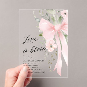 Pink Bow Floral Love in Bloom Bridal Shower Acrylic Invitations
