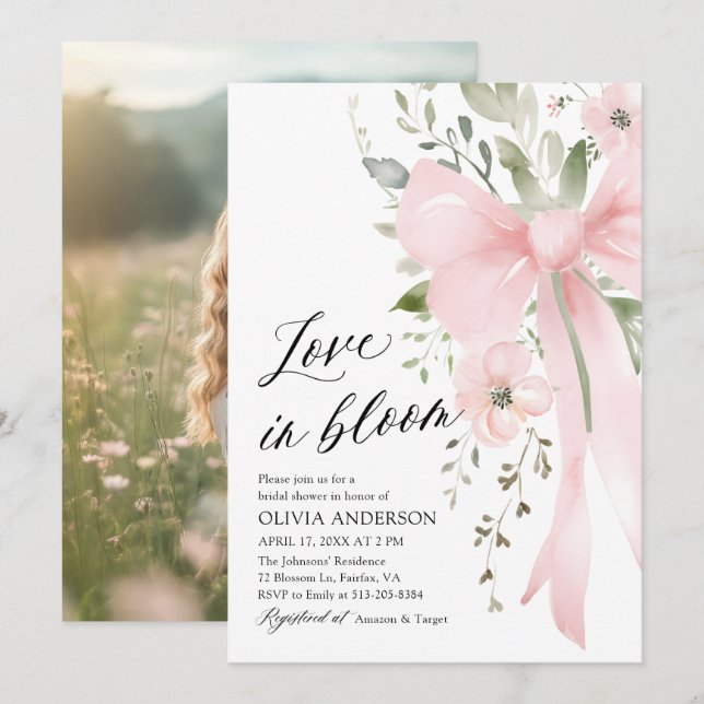 Pink Bow Floral Love in Bloom Bridal Shower Invitation (Front/Back)