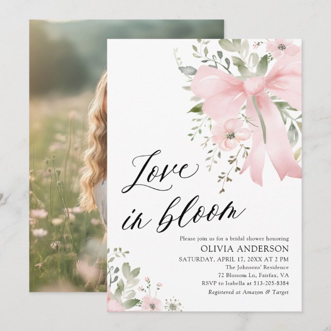 Pink Bow Floral Love in Bloom Bridal Shower Invitation (Front/Back)