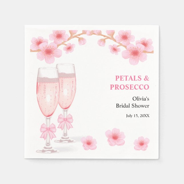 Pink Bow Floral Petals and Prosecco Bridal Shower  Napkins (Front)