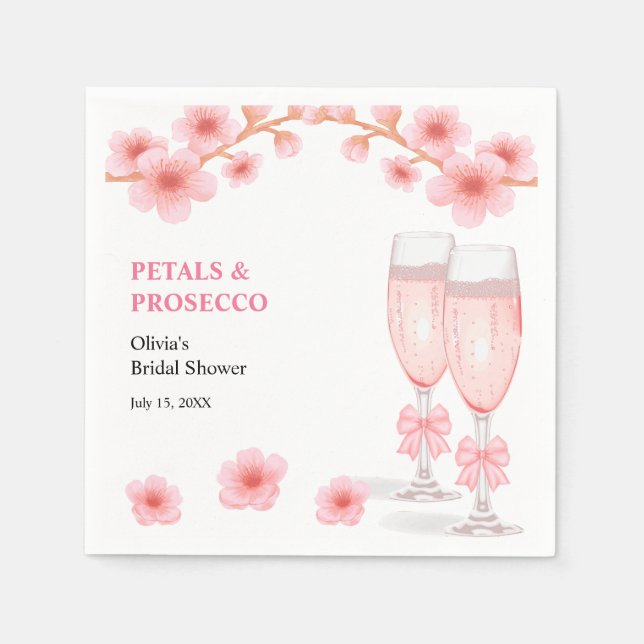 Pink Bow Floral Petals and Prosecco Bridal Shower  Napkins (Front)