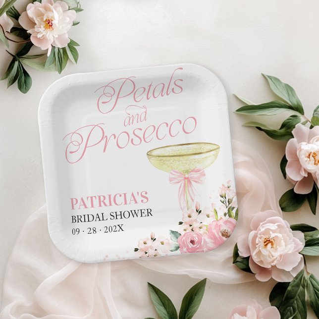 Pink Bow Floral Petals And Prosecco Bridal Shower Paper Plates (Creator Uploaded)