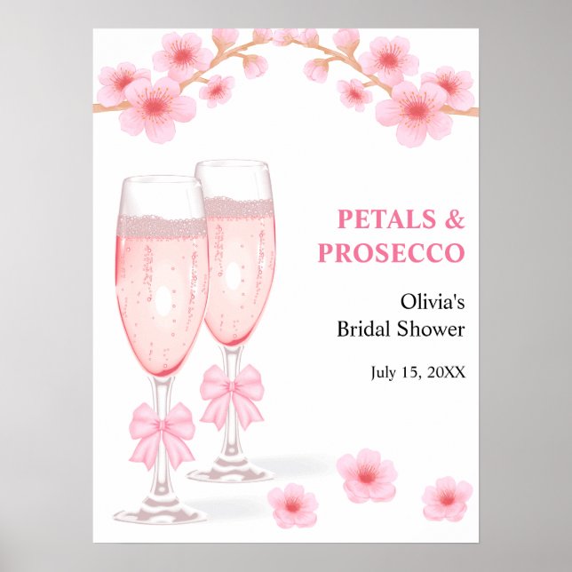Pink Bow Floral Petals & Prosecco Bridal Shower  Poster (Front)