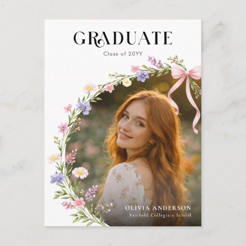 Pink Bow Floral Photo Graduation Announcement Postcard