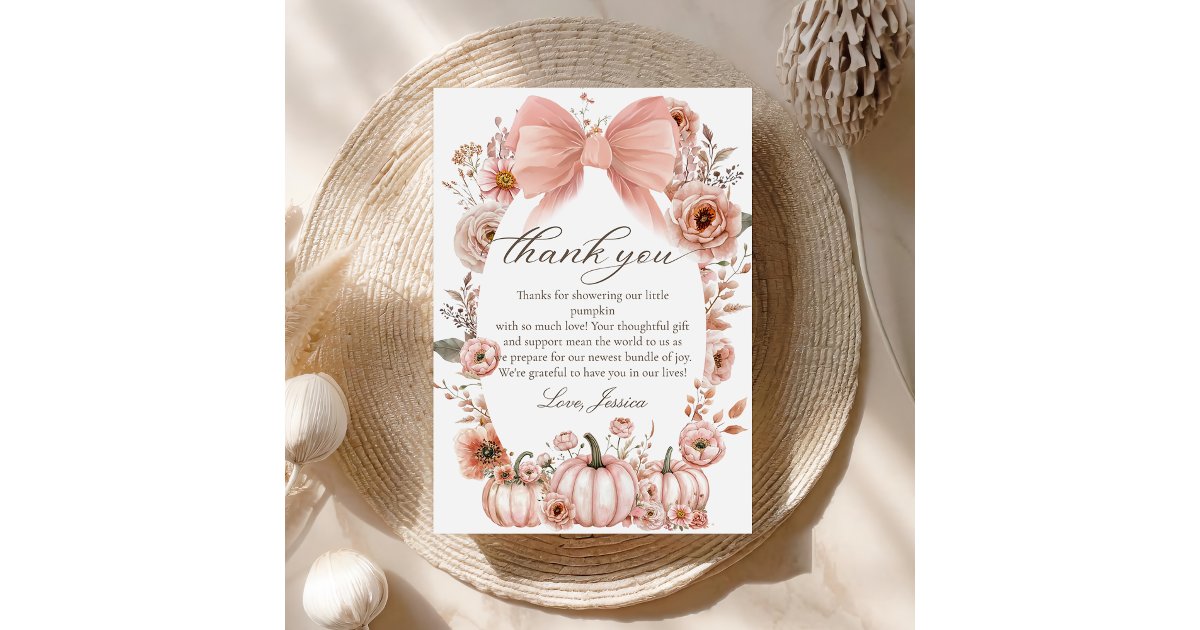 Pink Bow Floral Pumpkin Baby Shower Thank you card | Zazzle