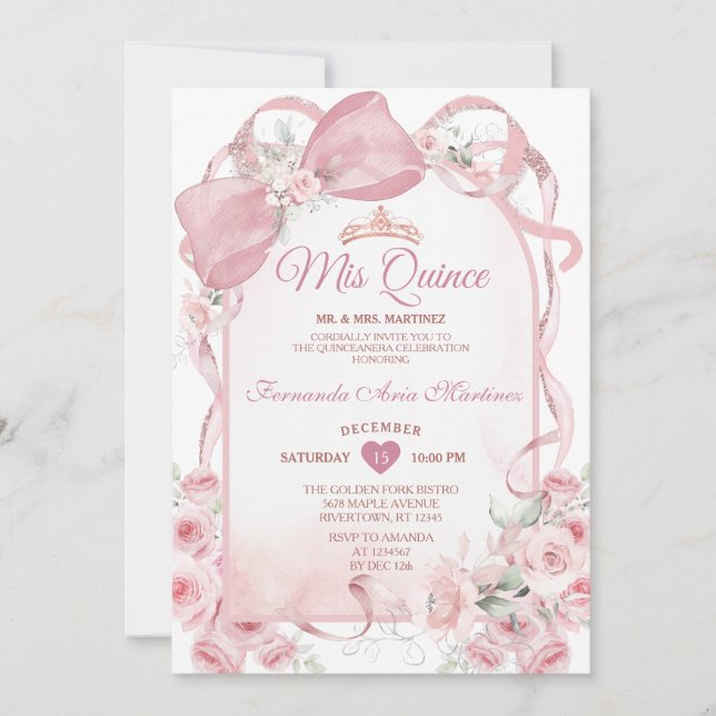 Pink Bow Floral Quinceañera Invitation (Front)