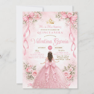 Pink Bow Floral Quinceañera Sweet 16 Invitation