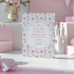 Pink Bow Floral Roses Vintage Baby Shower Invitation