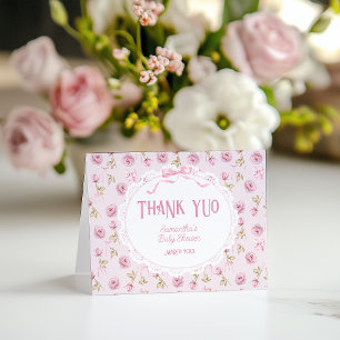 Pink Bow Floral Roses Vintage Baby Shower Thanks Thank You Card