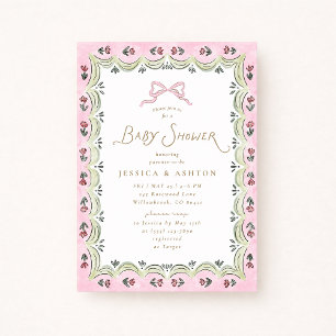 Pink Bow Floral Scalloped Frame Baby Shower  Invitation