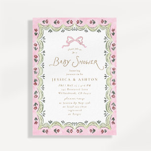 Pink Bow Floral Scalloped Frame Baby Shower  Invitation