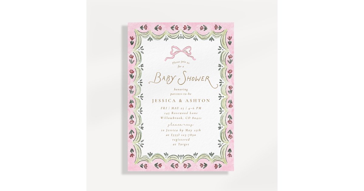 Pink Bow Floral Scalloped Frame Baby Shower Invitation | Zazzle