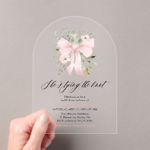 Pink Bow Floral She's Tying the Knot Bridal Shower Acrylic Invitations