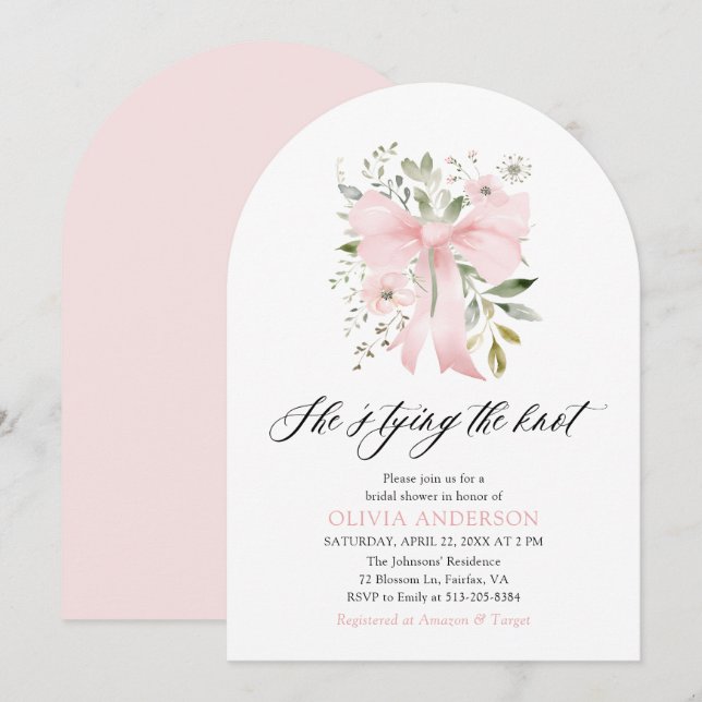 Pink Bow Floral She's Tying the Knot Bridal Shower Invitation (Front/Back)