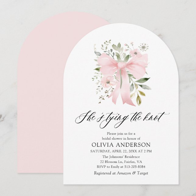 Pink Bow Floral She's Tying the Knot Bridal Shower Invitation (Front/Back)