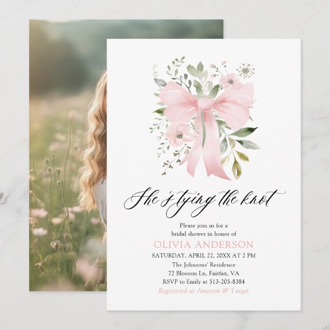 Pink Bow Floral She's Tying the Knot Bridal Shower Invitation (Front/Back)