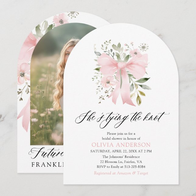 Pink Bow Floral She's Tying the Knot Bridal Shower Invitation (Front/Back)