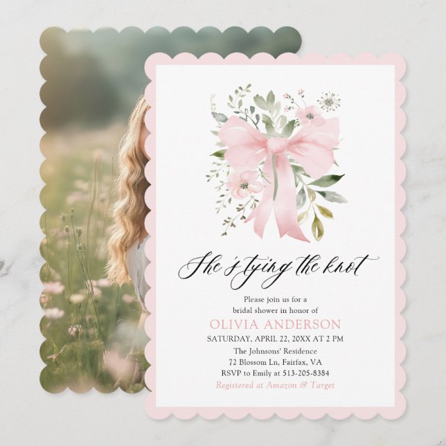 Pink Bow Floral She's Tying the Knot Bridal Shower Invitation (Front/Back)