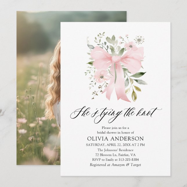 Pink Bow Floral She's Tying the Knot Bridal Shower Invitation (Front/Back)