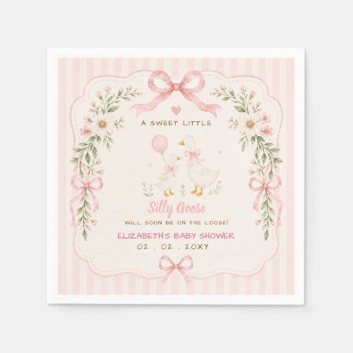 Pink Bow Floral Silly Goose Girl Baby Shower Napkins