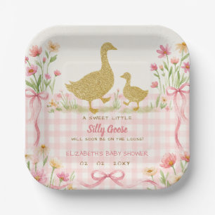 Pink Bow Floral Silly Goose Girl Baby Shower Paper Plates
