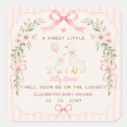 Pink Bow Floral Silly Goose Girl Baby Shower Square Sticker