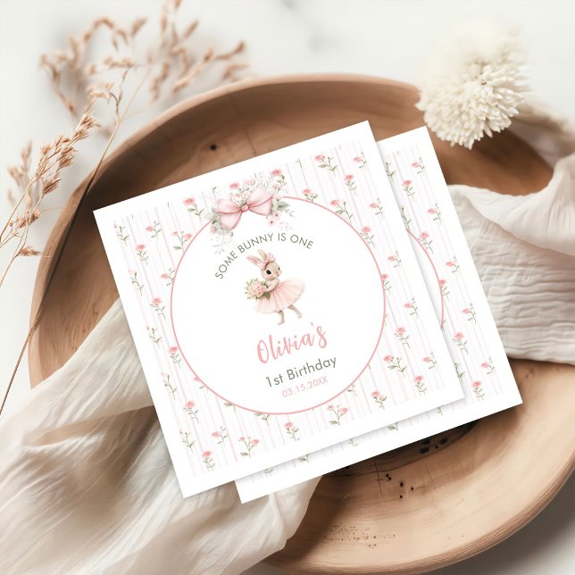 Pink Bow & Floral Some Bunny is One 1st Birthday Napkins (Creator Uploaded)